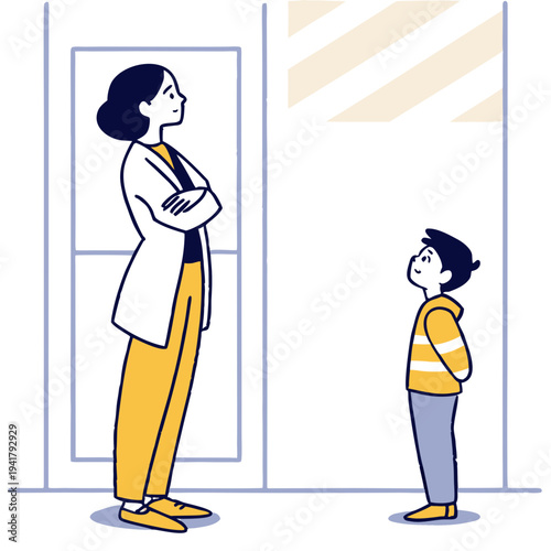 Woman standing with arms crossed while looking at boy indoors  