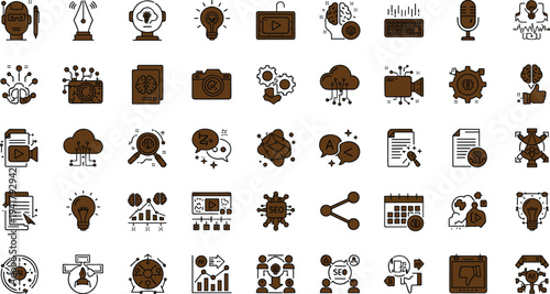 Artificial intelligence digital marketing and media analytics icon set with SEO content creation communication and technology tools