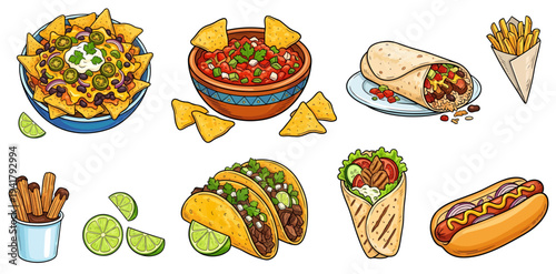 Street food clipart collection: tacos, burrito, kebab wrap, nachos, salsa bowl, lime slices, vibrant colors, hand drawn style, isolated elements, no background, for menus and cafes