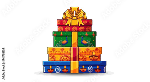 Vibrant Diwali gifts stacked with colorful traditional Indian designs
