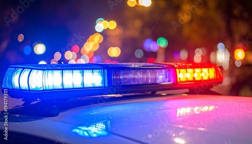 Police car lights at night, blurred city background, red and blue illumination, bokeh, shining, vehicle top