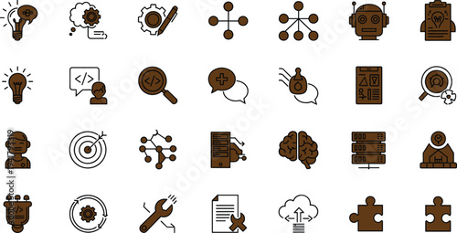 Artificial intelligence and technology icon set with robotics neural networks analytics innovation and digital computing symbols