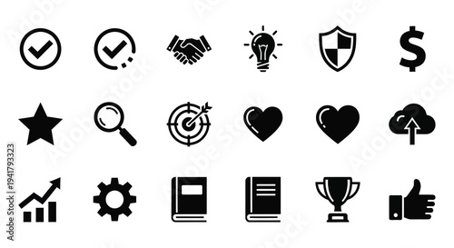 Collection of diverse black icons representing business and concepts silhouette