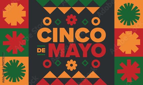 Cinco de Mayo in Mexico. Traditional mexican fiesta in May. National happy holiday with carnival, festival and parade. Latin american and spanish pattern. Illustration with sombrero. Vector poster
