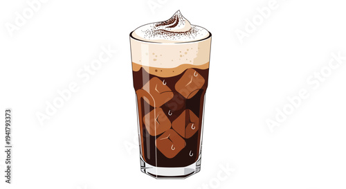 Iced coffee in a glass with foam chocolate and ice cubes