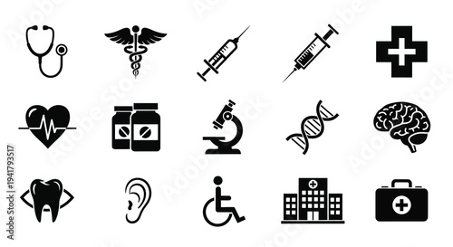 Collection of medical icons and symbols in a dark silhouette