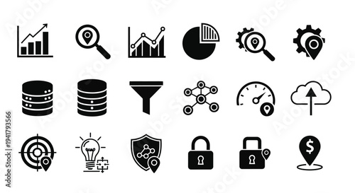 Collection of black business and technology icons in a silhouette