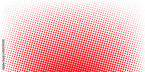 Red color halftone gradient texture. Vanishing cartoon polka dot background. Repeating dotted gradation pattern. Fading comic pop art overlay backdrop. Raster halftone effect wallpaper. Vector