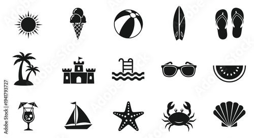 Summer vacation icons including beach items in black silhouette