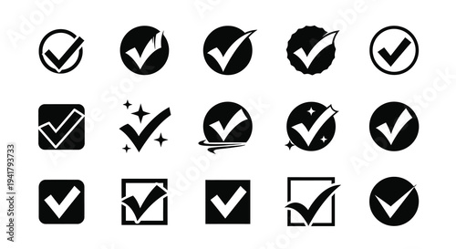 Collection of black checkmark icons in various circular designs silhouette