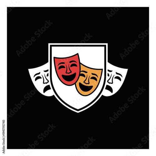 Theater Masks: Comedy and Tragedy Emblem on Black Background