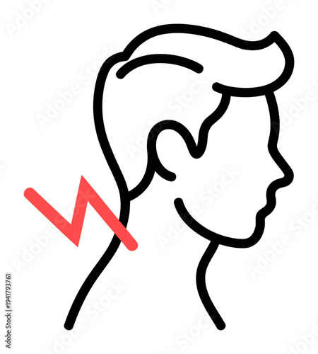 Of a person's head and neck with a red lightning bolt indicating pain or discomfort