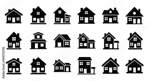 Collection of simple black house icons arranged in a grid silhouette