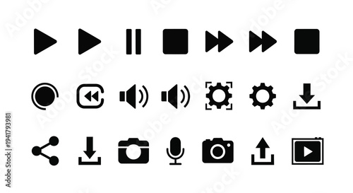 Collection of black media player and control icons a bold silhouette