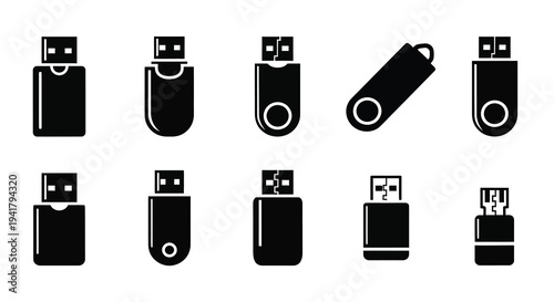 Collection of various black usb flash drives in a flat silhouette