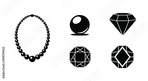 Black jewelry icons including pearls sphere and diamond silhouette