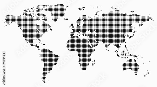 Abstract Dotted World Map Illustration, Minimalist Global Halftone Design for Connectivity and International Business, Vector Digital Geography Concept on White Background