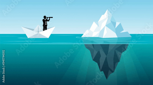 Business Metaphor of Iceberg and Businessman in Paper Boat Looking through Telescope for Hidden Risks and Opportunities Illustration