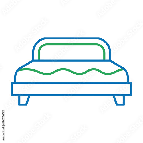 Simple line art bed illustration with green accents on white background