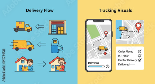 Delivery process illustrated with tracking visuals a modern silhouette