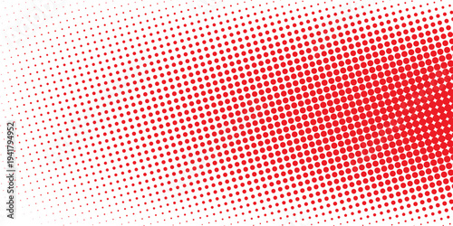 Red color halftone gradient texture. Vanishing cartoon polka dot background. Repeating dotted gradation pattern. Fading comic pop art overlay backdrop. Raster halftone effect wallpaper. Vector