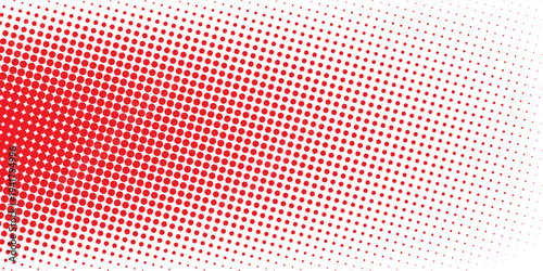 Red color halftone gradient texture. Vanishing cartoon polka dot background. Repeating dotted gradation pattern. Fading comic pop art overlay backdrop. Raster halftone effect wallpaper. Vector