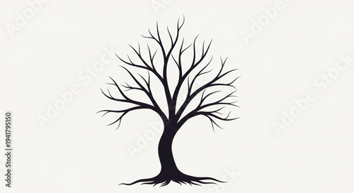 Silhouette of a Leafless Tree on White Background.