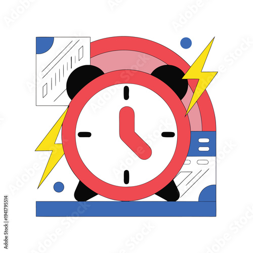 A red alarm clock with a white face and black feet
