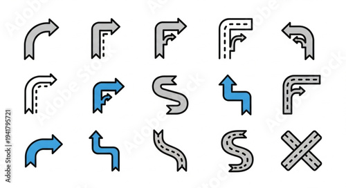 Collection of road and direction icons in various styles.