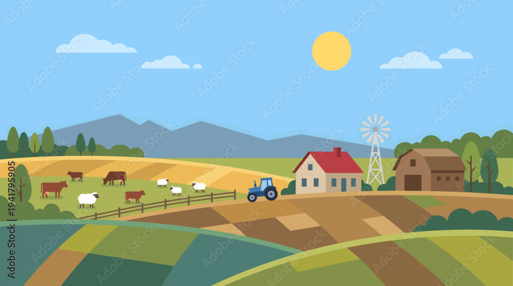 Naklejka premium Minimal farm landscape vector design featuring silhouetted animals standing in grass