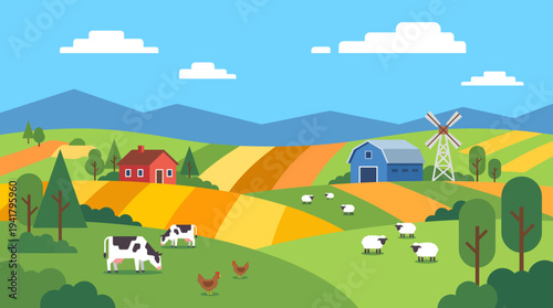 Modern colorful pastoral farm landscape vector illustration with layered hills and farm