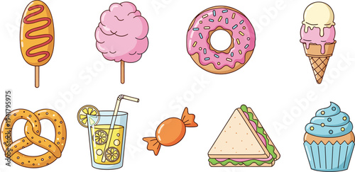 Street food and carnival snack collection featuring corn dog, cotton candy, pink glazed donut, ice cream, pretzel, lemonade, candy, sandwich, and cupcake, isolated vector illustration.