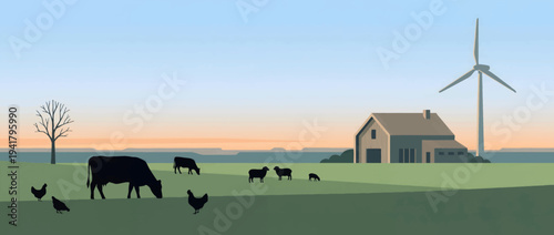 Vector silhouette of rural farm landscape with cow, pig, horse, goat, and chickens foraging near a barn and wind turbine at dusk