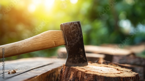Axe Cutting Through Tree Trunk in Natural Setting