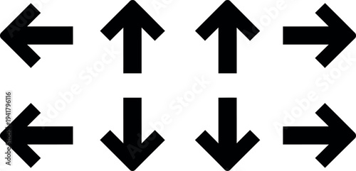 A collection of black directional arrows on a white background