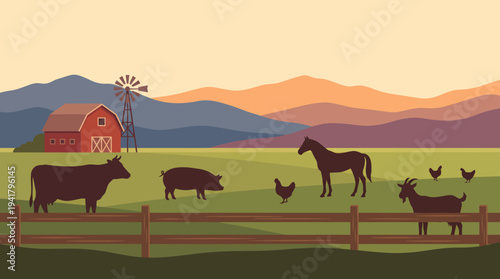 Panoramic countryside farm scene vector illustration featuring animals in silhouette