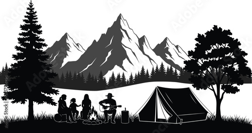 Camping silhouette illustration, mountain landscape, campfire scene, guitar music, outdoor recreation, pine forest, tent setup, nature adventure vector, wilderness night, flavector