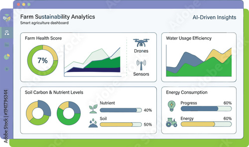 Smart agriculture sustainability analytics dashboard interface showing farm health sensors drone insights water efficiency and energy monitoring