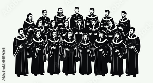 A group of choir singers wearing black robes standing together, Generative AI.