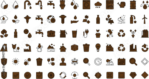 Environmental sustainability and renewable energy vector icon collection featuring recycling water conservation industry nature protection and eco technology symbols