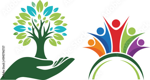 Green hand holding tree, sustainability concept, ecological care illustration, colorful human figures unity, community support design, environmental harmony artwork, flavector