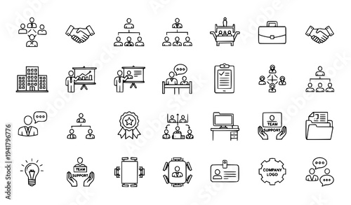Society Thin Line Icons Set with Teamwork, Association, Company, and Corporate Symbols Vector