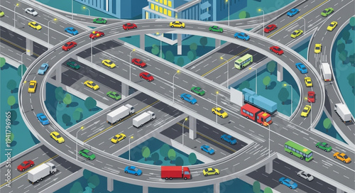 Aerial View of a Busy Highway Interchange with Cars and Trucks.