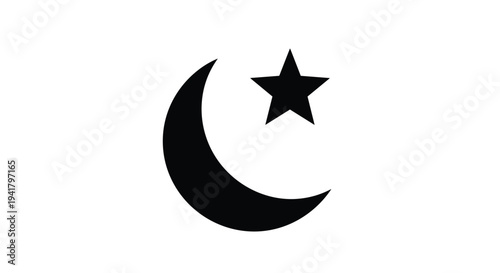 A black crescent moon and star symbol on a often used in various cultural and religious contexts as an iconic emblem, Generative AI.