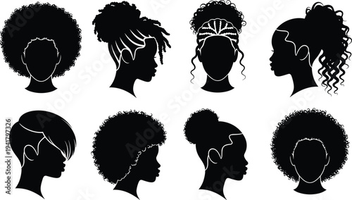 Afro hairstyle silhouettes collection, black women natural curly hair styles, African female head profiles, diverse afro hair fashion vector set