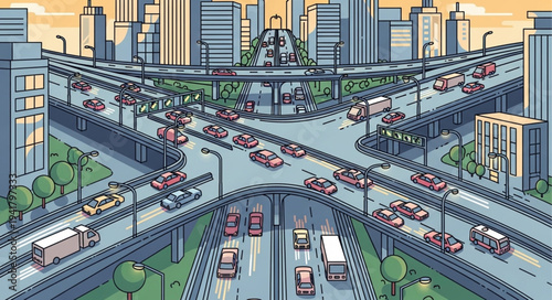 Cityscape with elevated roads and heavy traffic illustration.