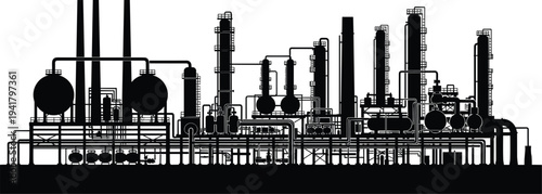 Industrial refinery silhouette, chemical plant, distillation columns, storage tanks, piping system, petroleum processing, energy infrastructure, factory illustration, engineering vector, flavector