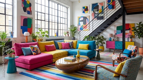 Wallpaper Mural Vibrant modern living room with colorful sectional sofa and abstract art Torontodigital.ca