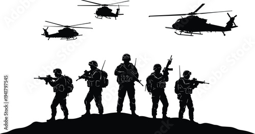 Military soldiers silhouette, armed forces, tactical gear, helicopters formation, battlefield scene, defense strategy, combat readiness, war operation illustration, army vector, flavector