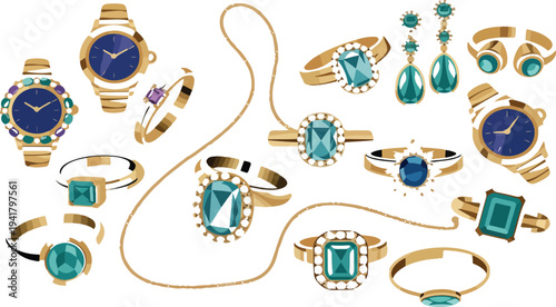 Jewelry Cartoon Vector Set Featuring Gold Earrings, Bracelet, Watch, Ring, Diamond, Necklace, Chain, Precious Metals, Wealth, and Accessories Illustration Isolated on White Background